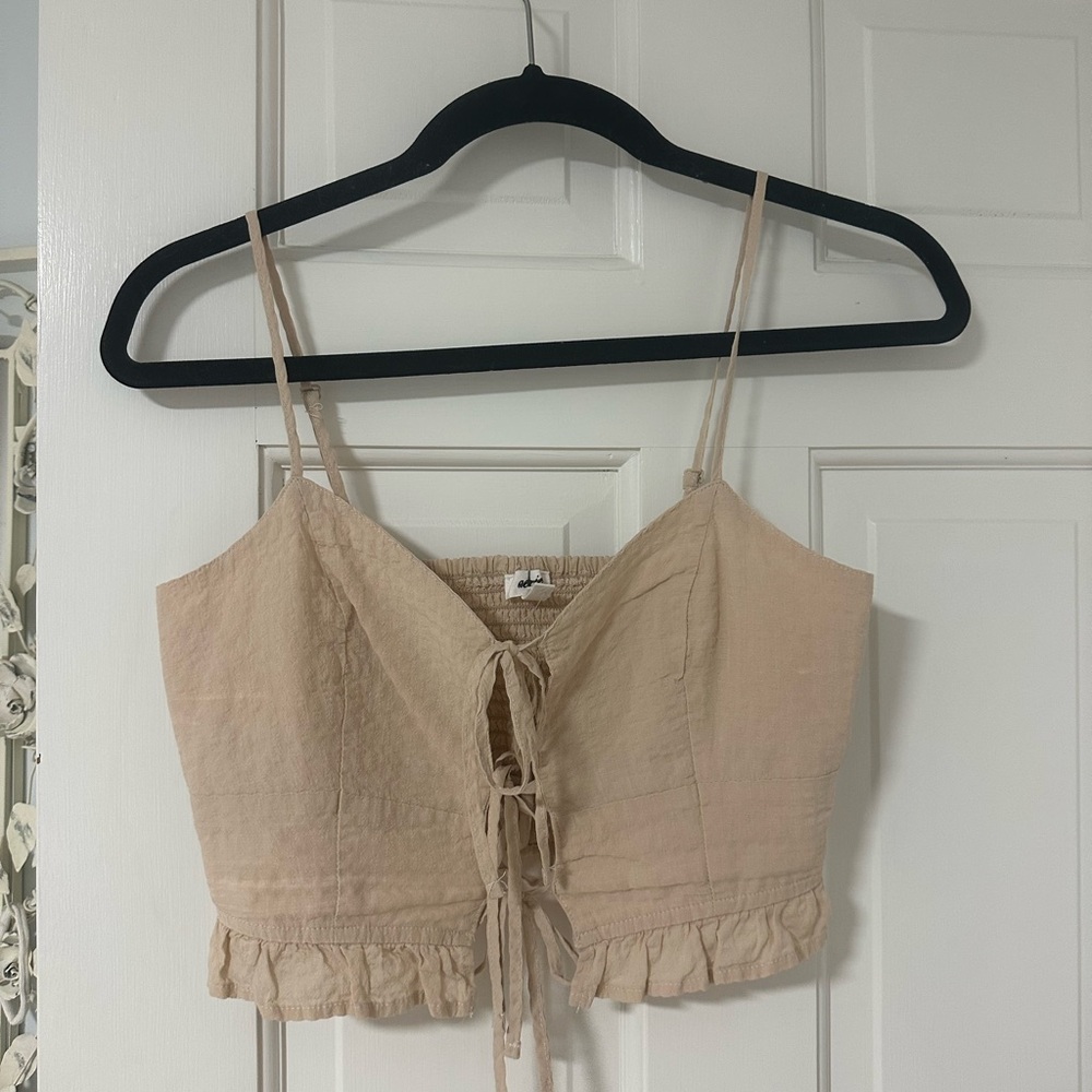 Aerie Beige Tie-Front Ruffle Crop Top